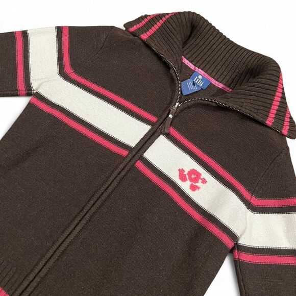 Y2K Vintage Lilu pink, white, and, brown full zip-up striped sweater. Large. - Picture 2 of 4